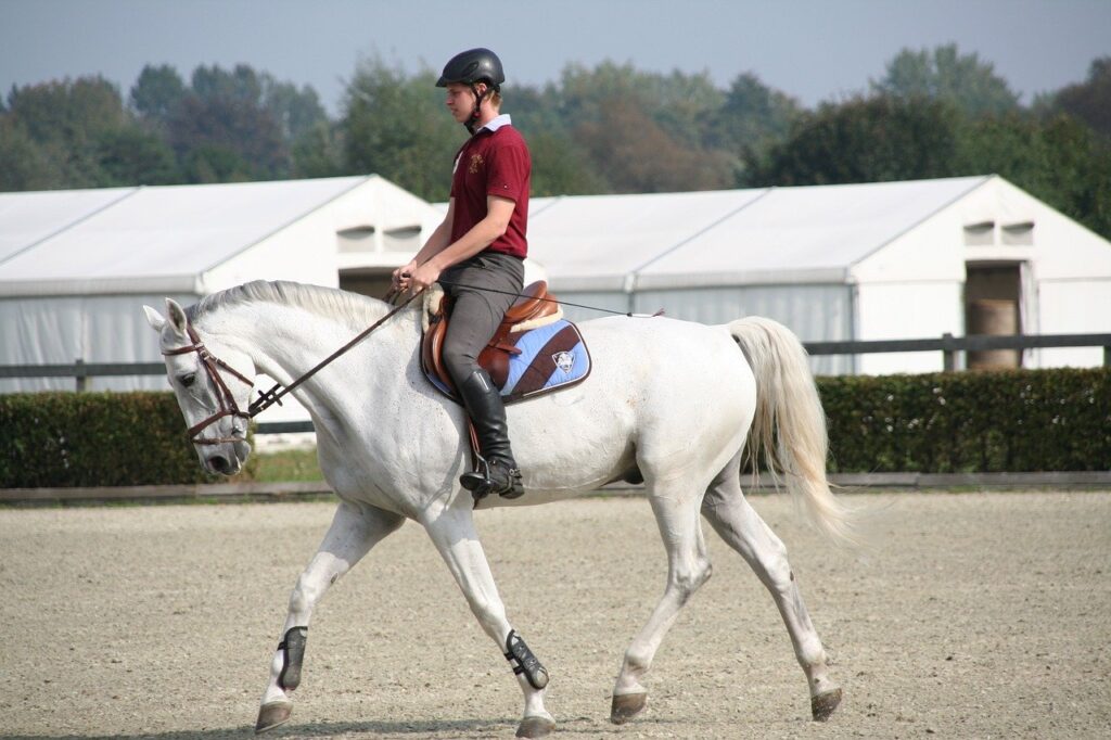 Man in riding helmet riding a horse