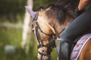 Woman riding a horse with gloves and ring